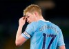 Manchester City's Kevin De Bruyne looks round at his teammates during their English Premier League soccer match between Manchester City and West Bromwich Albion at the Etihad Stadium in Manchester, England, Tuesday, Dec., 15 2020. (Clive Brunskill/ Pool via AP)