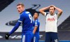 Tottenham's Harry Kane, right, reacts after Leicester's goalkeeper Kasper Schmeichel makes a save from Tottenham's Son Heung-min during the English Premier League soccer match between Tottenham Hotspur and Leicester City at the White Hart Lane stadium in London, Sunday, Dec., 20 2020. (Andy Rain/ Pool via AP)