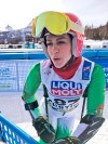 Iran's Forough Abbasi is interviewed in the finish area after the first run of a women's giant slalom, at the alpine ski World Championships, in Cortina d'Ampezzo, Italy, Thursday, Feb. 18, 2021. (AP Photo/Andrew Dumpf)