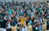 Fans of Brazil's Palmeiras cheer prior a Copa Libertadores final soccer match against Brazil's Santos at the Maracana stadium in Rio de Janeiro, Brazil, Saturday, Jan. 30, 2021. (Ricardo Moraes/Pool via AP)