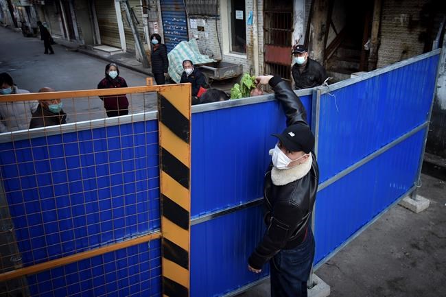 In this Sunday, Feb. 23, 2020, photo, a man wearing a protective face mask passes groceries through the barricades blocked a residential area in Wuhan in central China's Hubei province Sunday. Warning that China's virus epidemic is