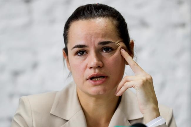 Sviatlana Tsikhanouskaya, candidate for the presidential elections, speaks at a news conference after the Belarusian presidential election in Minsk, Belarus, Monday, Aug. 10, 2020.The country's central election commission said that with all ballots counted, Lukashenko, who has led Belarus for 26 years, took 80.23% of the vote and his main opposition challenger, Sviatlana Tsikhanouskaya, had only 9.9%.