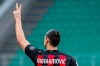 AC Milan's Zlatan Ibrahimovic celebrates after scoring the opening goal during the Serie A soccer match between AC Milan and Crotone at the San Siro stadium in Milan, Italy, Sunday, Feb. 7, 2021. (AP Photo/Antonio Calanni)