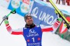 Austria's Vincent Kriechmayr celebrates winning an alpine ski, men's World Cup Super G, in Hinterstoder, Austria, Saturday, Feb. 29, 2020. (AP Photo/Giovanni Auletta)