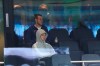 Tottenham's Gareth Bale, backfround, sits on the stands during the English Premier League soccer match between Tottenham and Newcastle at the Tottenham Hotspur Stadium in London, Sunday, Sept. 27, 2020. (Clive Rose/Pool via AP)