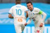 Marseille's Florian Thauvin reacts during the French League One soccer match between Marseille and Nimes at the Veledrome stadium in Marseille, France, Saturday, Jan.16, 2021. (AP Photo/Daniel Cole)