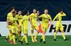 Villareal's Manu Trigueros, right, celebrates after scoring his side's opening goal during the Europa League semifinal first leg soccer match between Villarreal and Arsenal at the Estadio de la Ceramica stadium in Villarreal, Spain, Thursday, April 29, 2021. (AP Photo/Alberto Saiz)