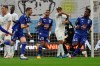 Strasbourg's Stefan Mitrovic, third left, celebrates after scoring his side's opening goal during the French League One soccer match between Marseille and Strasbourg at the Stade Veledrome stadium in Marseille, France, Saturday, April 30, 2021. (AP Photo/Daniel Cole)