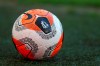 The Premier League ball on the ground ahead of the English Premier League soccer match between Brighton and Manchester City at the Falmer stadium in Brighton, England, Saturday, July 11, 2020. (Cath Ivill/Pool via AP)