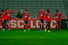 Lille players celebrate after Jonathan David scored his side's second goal during the French League One soccer match between Lille and Marseille at the Stade Pierre Mauroy stadium in Villeneuve-d'Ascq, France, Wednesday, March 3, 2021. (AP Photo/Michel Spingler)
