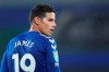 Everton's James Rodriguez reacts during the English League Cup round of 16 soccer match between Everton and West Ham at the Goodison Park stadium in Liverpool, England, Wednesday, Sept. 30, 2020. (Alex Livesey, Pool via AP)