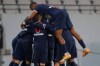 PSG players celebrate after Neymar scored his side's second goal during the Champions Trophy soccer match between Paris Saint-Germain and Olympique Marseille at the Bollaert stadium in Lens, northern France, Wednesday, Jan.13, 2021. (AP Photo/Christophe Ena)