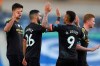 Manchester City's Gabriel Jesus (9) celebrates after scoring his side's second goal during the English Premier League soccer match between Brighton and Manchester City at the Falmer stadium in Brighton, England, Saturday, July 11, 2020. (Cath Ivill/Pool via AP)