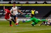 Manchester United's Fred scores his side's opening goal during the English Premier League soccer match between Tottenham Hotspur and Manchester United at the Tottenham Hotspur Stadium in London, Sunday, April 11, 2021. (Adrian Dennis/Pool via AP)