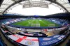 In a photo taken with a wide-angle lens, a general view of empty stands of the King Power Stadium before the English Premier League soccer match between Leicester City and West Ham United, in Leicester, England, Sunday, Oct. 4, 2020. (Nigel French/Pool via AP)