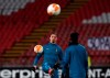 AC Milan's Zlatan Ibrahimovic controls the ball during warm up before the Europa League round of 32 first leg soccer match between Red Star and AC Milan at the Rajko Mitic Stadium in Belgrade, Serbia, Thursday, Feb. 18, 2021. (AP Photo/Darko Vojinovic)