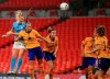 Manchester City's Sam Mewis, left, scores her side's first goal during the Women's FA Cup final soccer match between Everton and Manchester City at Wembley stadium in London, Sunday, Nov. 1, 2020. (Adam Davy/Pool via AP)