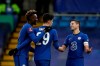 Chelsea's Kai Havertz, centre, celebrates with Chelsea's Cesar Azpilicueta, right, after scoring his side's fourth goal during the English FA Cup third round soccer match between Chelsea and Morecambe at Stamford Bridge Stadium in London, Sunday, Jan. 10, 2021. (AP Photo/Matt Dunham)