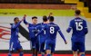 Leicester's James Justin celebrates with teammates after scoring his side's second goal during the English Premier League soccer match between Fulham and Leicester City at the Craven Cottage stadium in London, Wednesday, Feb. 3, 2021. (Peter Cziborra/Pool via AP)