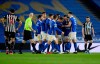 Brighton's Leandro Trossard celebrates with teammates after scoring his side's opening goal during the English Premier League soccer match between Brighton and Hove Albion and Newcastle United at the Falmer stadium in Brighton, England, Saturday, March 20, 2021. (Mike Hewitt/Pool via AP)