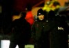 West Ham's manager David Moyes, centre, reacts during the English FA Cup third round soccer match between Stockport County and West Ham United at Edgeley Park in Stockport, England, Monday, Jan. 11, 2021. (Clive Brunskill/Pool via AP)