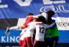 Arsenal's Nicolas Pepe celebrates with teammates after scoring his side's third goal during the English Premier League soccer match between Leicester City and Arsenal at the King Power Stadium in Leicester, England, Sunday, Feb. 28, 2021. (Tim Keeton/Pool via AP)