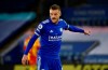 Leicester's Jamie Vardy reacts during the English Premier League soccer match between Leicester City and West Bromwich Albion at the King Power Stadium in Leicester, England, Thursday, April 22, 2021. (AP Photo/Rui Vieira, Pool)