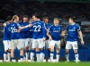 Everton's Gylfi Sigurdsson celebrates with teammates after scoring his side's second goal during the English Premier League soccer match between Everton and Tottenham Hotspur at Goodison Park in Liverpool, England, Friday, April 16, 2021. (Peter Powell/Pool via AP)