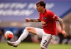 Manchester United's Victor Lindelof kicks the ball during the English Premier League soccer match between Leicester City and Manchester United at the King Power Stadium, in Leicester, England, Sunday, July 26, 2020. (Oli Scarff/Pool via AP)
