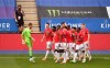 Manchester United's Jesse Lindgard celebrates with teammates after scoring his side's second goal during the English Premier League soccer match between Leicester City and Manchester United at the King Power Stadium, in Leicester, England, Sunday, July 26, 2020. (Oli Scarff/Pool via AP)