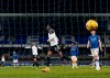 Fulham's Josh Maja, centre, celebrates after scoring his side's second goal during the English Premier League soccer match between Everton and Fulham at Goodison Park in Liverpool, England, Sunday, Feb. 14, 2021. (Jason Cairnduff/Pool via AP)