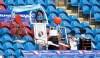 Model fans made of plumbing supplies seen in the stands before the English Premier League soccer match between Burnley and Arsenal at Turf Moor stadium in Burnley, England, Saturday, March 6, 2021.(Peter Powell/Pool via AP)
