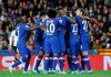 Chelsea's players celebrate after scoring second goal during the Champions League group H soccer match between Valencia and Chelsea at the Mestalla stadium in Valencia, Spain, Wednesday, Nov. 27, 2019. (AP Photo/Alberto Saiz)
