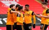 Wolverhampton Wanderers' Pedro Neto celebrates scoring their second goal during the English Premier League soccer match between Wolverhampton Wanderers and Southampton at St. Mary's Stadium in Southampton, England, Sunday, Feb.14, 2021.(Andy Rain/Pool via AP)