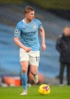 Manchester City's Kevin De Bruyne controls the ball during the English Premier League soccer match between Manchester City and Aston Villa at the Etihad Stadium in Manchester, England, Wednesday, Jan.20, 2021. (Clive Brunskill/Pool via AP)