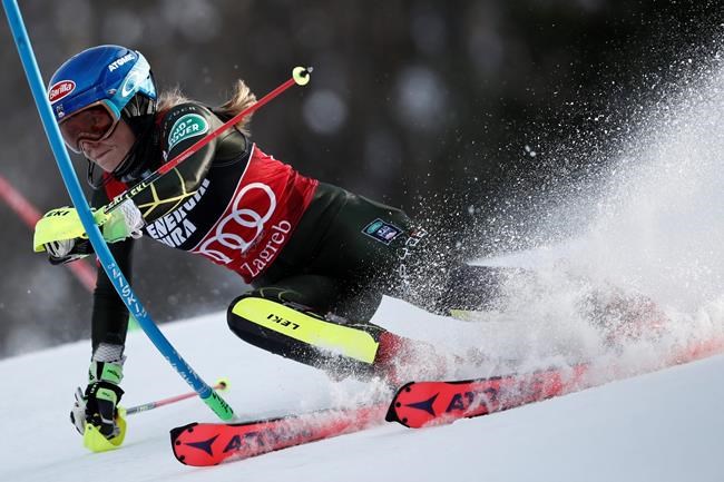 United States' Mikaela Shiffrin competes during an alpine ski, women's World Cup slalom in Zagreb, Croatia, Thursday, Jan. 5, 2020. (AP Photo/Gabriele Facciotti)