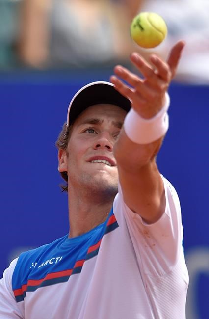 Casper Ruud of Norway serves to Pedro Sousa of Portugal during the ATP Argentina Open final match in Buenos Aires, Argentina, Sunday, Feb. 16, 2020. (AP Photo/Gustavo Garello)