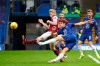 Chelsea's Marcos Alonso scores his side's second goal during the English Premier League soccer match between Chelsea and Burnley at Stamford Bridge Stadium in London, England, Sunday, Jan. 31, 2021.(Julian Finney/Pool Via AP)