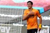 Wolverhampton Wanderers' Raul Jimenez celebrates after scoring his side's first goal during the English Premier League soccer match between West Ham and Wolverhampton at London stadium in London, England, Saturday, June 20, 2020. (Ben Stansall/Pool via AP)