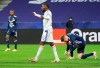 Lyon's Karl Toko Ekambi, centre, celebrates after scoring his team's first goal during the French League One soccer match between Lyon and Bordeaux in Lyon, France, Friday, Jan. 29, 2021. (AP Photo/Laurent Cipriani)