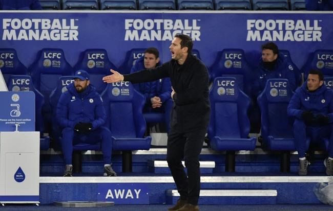 Chelsea's head coach Frank Lampard reacts during the English Premier League soccer match between Leicester City and Chelsea at the King Power Stadium in Leicester, England, Tuesday, Jan. 19, 2021. (AP Photo/Rui Vieira, Pool)