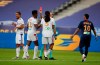 The referree shows the red card to Lyon's Rafael, left, during the French League Cup soccer final match between Paris Saint Germain and Lyon at Stade de France stadium, in Saint Denis, north of Paris, Friday, July 31, 2020. (AP Photo/Francois Mori)