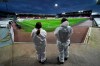 Medical staff stand on the field ahead of the English Premier League soccer match between Burnley and Southampton at Turf Moor in Burnley, England, Saturday, Sept. 26, 2020. (Jon Super/Pool via AP)