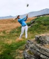 CORRECTS DATE. Sweden's Pernilla Lindberg plays from the rough during the opening round of the New Zealand Golf Open in Queenstown, New Zealand, Thursday, Feb. 27, 2020. (Andrew Cornaga/Photosport via AP)