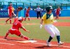 Japan's Minori Naito, left, reacts after getting Australia's Stacey McManus out during the softball game between Japan and Australia at the 2020 Summer Olympics, Wednesday, July 21, 2021, in Fukushima , Japan. (AP Photo/Jae C. Hong)