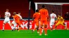 Netherlands' Frenkie de Jong, second left, takes a shot at goal during the UEFA Nations League soccer match between the Netherlands and Poland in the Johan Cruyff ArenA in Amsterdam, Netherlands, Friday, Sept. 4, 2020. (AP Photo/Peter Dejong)