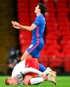 Denmark's Kasper Dolberg reacts after he was fouled by England's Harry Maguire during the UEFA Nations League soccer match between England and Denmark at Wembley Stadium in London, England, Wednesday, Oct. 14, 2020. (Daniel Leal-Olivas/Pool via AP)