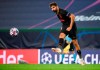Atletico Madrid's Diego Costa kicks the ball during the Champions League quarterfinal match between RB Leipzig and Atletico Madrid at the Jose Alvalade stadium in Lisbon, Portugal, Thursday, Aug. 13, 2020. (Lluis Gene/Pool Photo via AP)