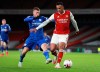 Leicester's Jamie Vardy, left, tackles Arsenal's Gabriel during the English Premier League soccer match between Arsenal and Leicester City at Emirates Stadium in London, England, Sunday, Oct. 25, 2020. (AP Photo/Ian Walton,Pool)