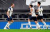 Tottenham's Gareth Bale, left, is congratulated by teammates Sergio Reguilon and Son Heung-min, right, after scoring his team's second goal during the English Premier League soccer match between Tottenham Hotspur and Brighton & Hove Albion at Tottenham Hotspur Stadium, London, Sunday, Nov. 1, 2020.(Mike Hewitt/Pool via AP)